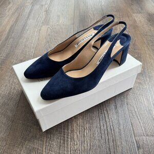 Manolo Blahnik Blue Navy Suede Allurasan 50mm Slingback Heels - Size 39